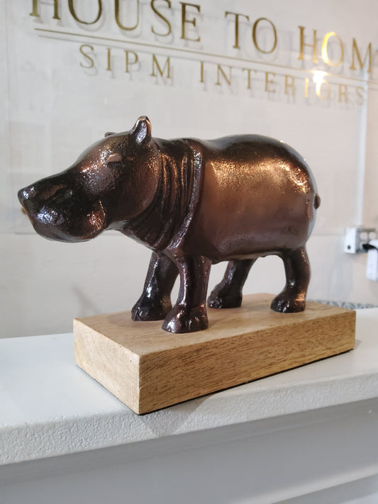 Brass Hippopotamus Decor on Wood Base