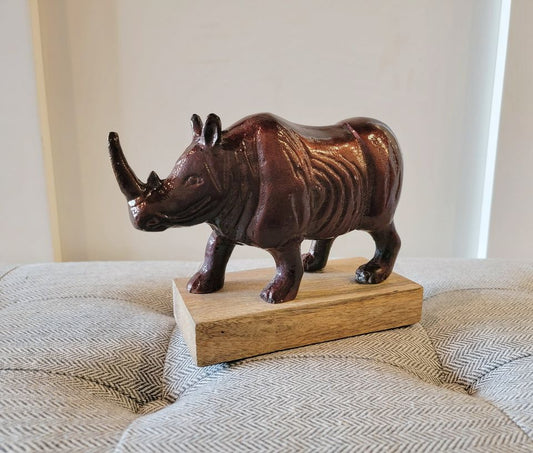 Brass Rhinoceros Decor on Wood Base
