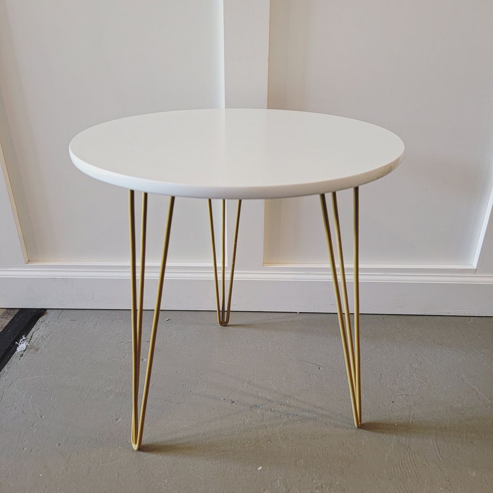 White Round Side Table/End Table with Gold Legs