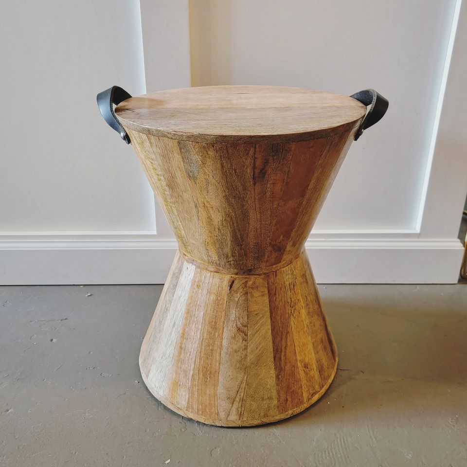 Wooden Hourglass Seat/Side Table with Leather Handles